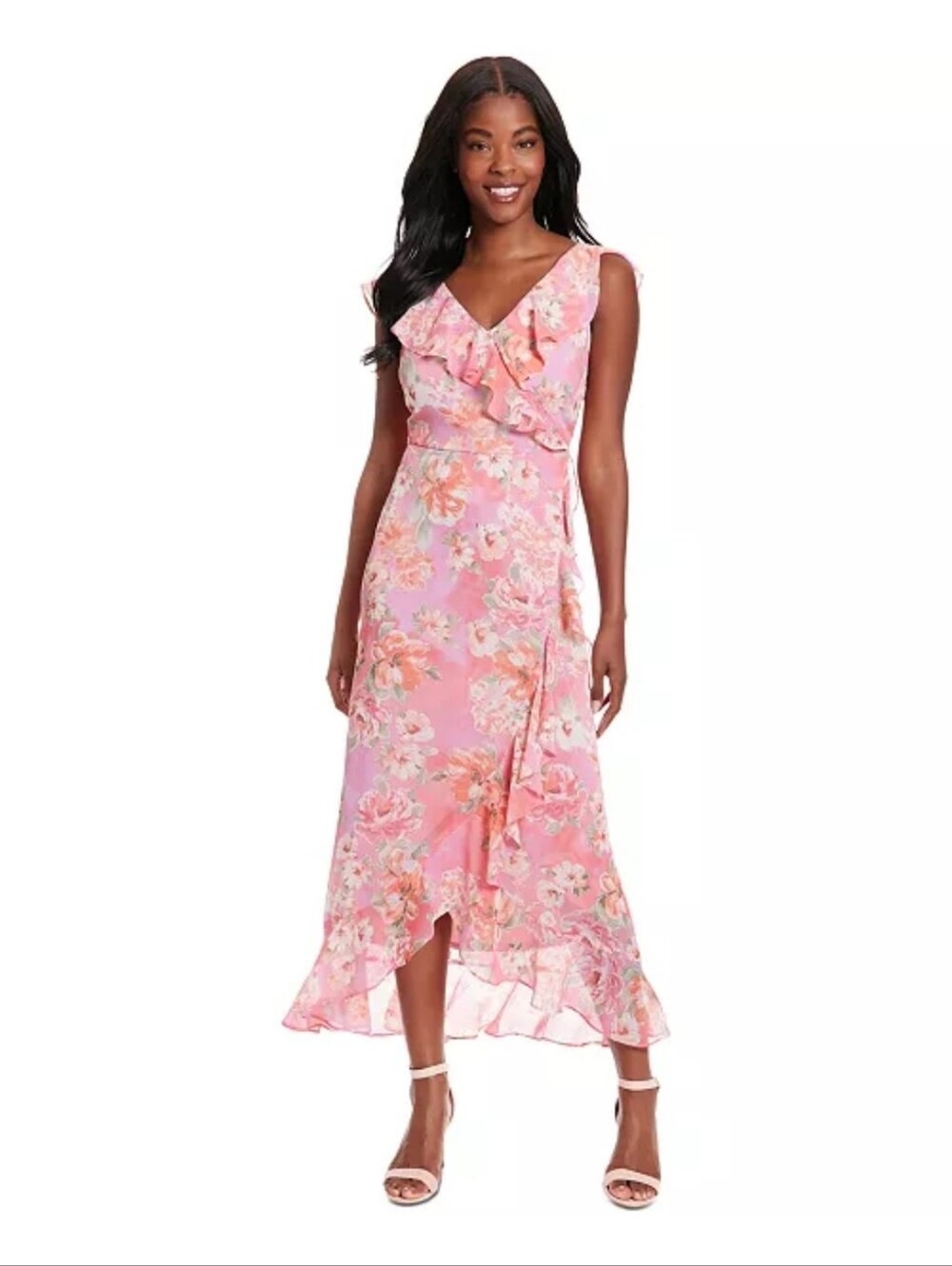 London Times Petite NWT Pink Floral Ruffle Maxi Dress Size 12P $99